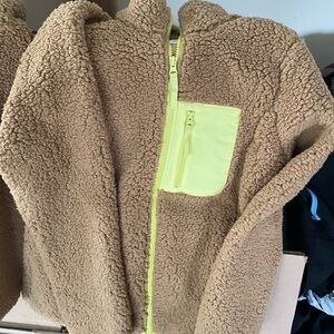 Women’s Teddy Jacket in Tan With Neon Yellow Accents Fleece Inner Liner Size XS